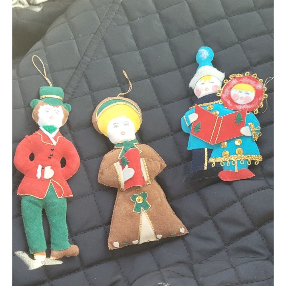 Lot of 3 Vintage Felt Christmas Ornaments Stuffed Carolers